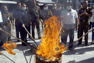 Indonesian officials burn heroin seized in a 2005 case in which nine Australians were convicted of trying to smuggle 6.1kg (13lbs) of heroin to Australia from Bali, and given sentences ranging from life in prison to death. Despite such consequences, drug smuggling, production, and abuse are on the rise. [Reuters]