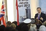 British Prime Minister David Cameron speaks at Jakarta's Al-Azhar University, Thursday (April 12th). Indonesia's respect for democracy and minority religious groups should serve as an example for other Muslim nations, he told the audience. [Adi Weda/Reuters]