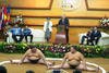 Japanese sumo wrestlers Kaonishiki and Okinofuji perform pre-wrestling moves before an audience of diplomats, academicians and students during an event to celebrate the 40th anniversary of ASEAN-Japan Friendship and Cooperation at the ASEAN Secretariat in Jakarta. [Ismira Lutfia Tisnadibrata/Khabar]