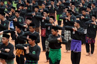 Members of Nahdlatul Ulama (NU) perform the traditional martial art pencak silat during a July 17th, 2011 parade in Jakarta marking NU's 85th anniversary. [Adek Berry/AFP]